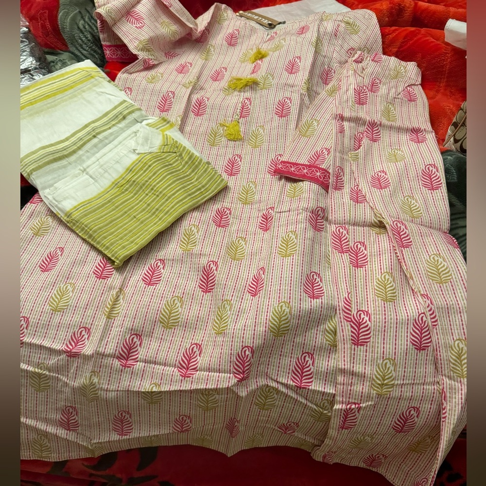 !!Ramdan sale!! Pink and Yellow Leaf Patterned three pieces